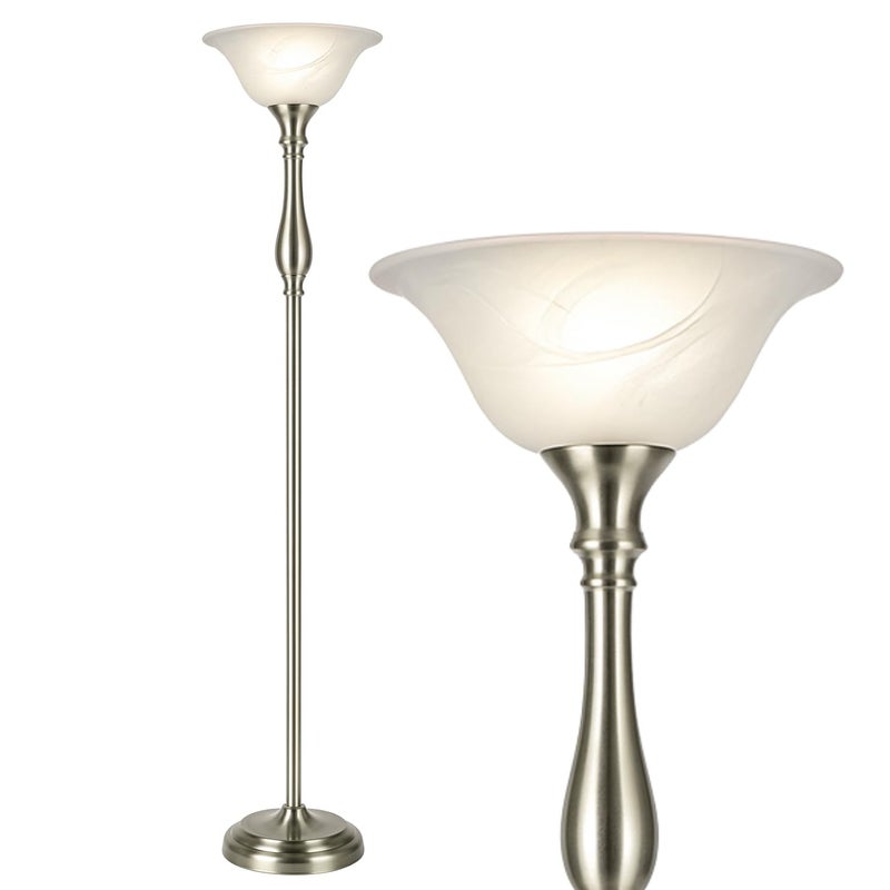 LIGHTACCENTS Floor Lamp, 72-Inch Standing Lamp with Brushed Nickel Finish and White Alabaster Glass Shade â€“ Torchiere Pole Lamp for Living Room, Bedroom, or Corner Lighting - Image 1